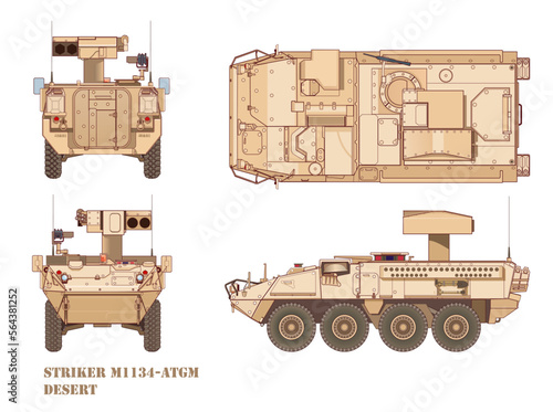 M1134 Anti-Tank Guided Missile Vehicle, vector illustrations viewed from front back, and left and right