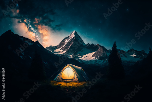 A night time shot of a small tent pitched on a clearing surrounded by alpine