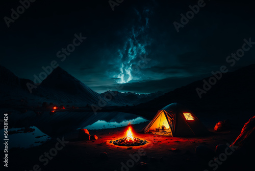 A peaceful and idyllic shot of a minimalist camping setup in the mountains