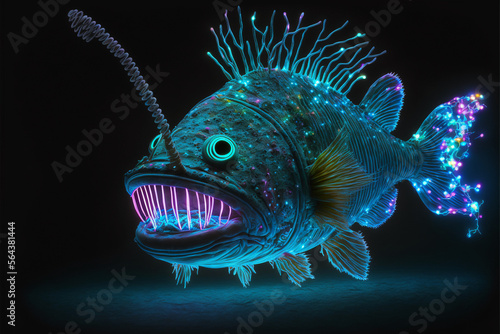 Neon angler fish. AI generation photo