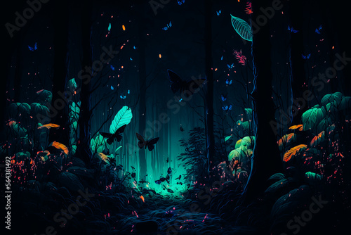 A shot of a neon-lit forest at night, with the sound of crickets and other night creatures in the background