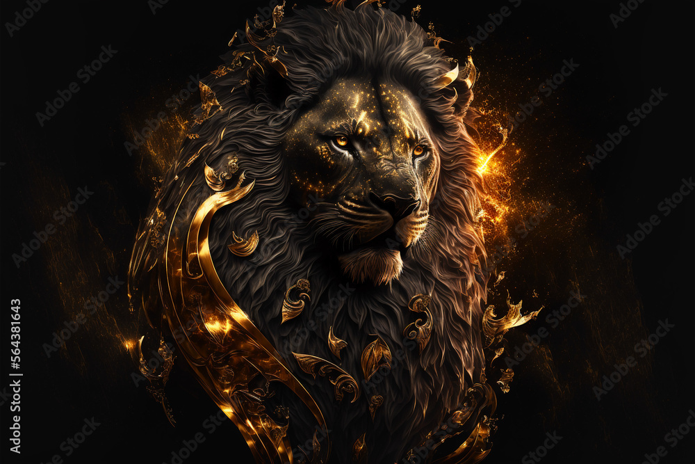 Black and gold lion. AI generation - obrazy, fototapety, plakaty 