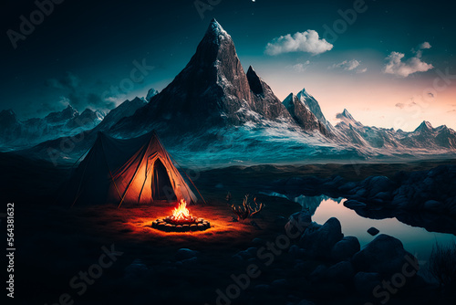 A stunning image of a minimalist camping setup in the mountains, with a small fire burning © v.senkiv