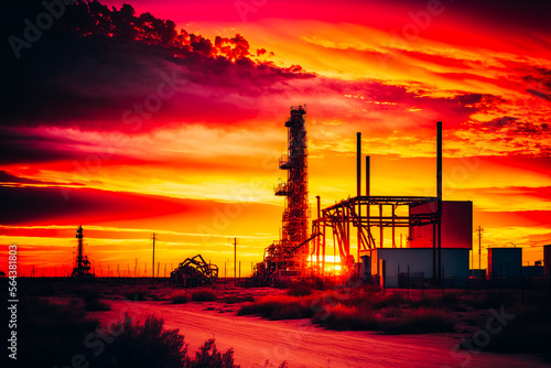 A wide shot of a pink and orange sunset over a Texas oil field