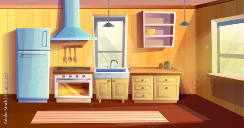 Vector cartoon style illustration of kitchen room. Fridge, oven with a stove and hob, sink, kabinets and extractor hood.