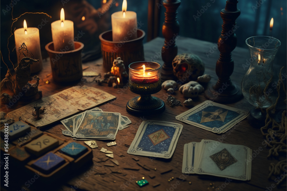 Magic still life. Esoteric still life. Tarot cards. AI generation