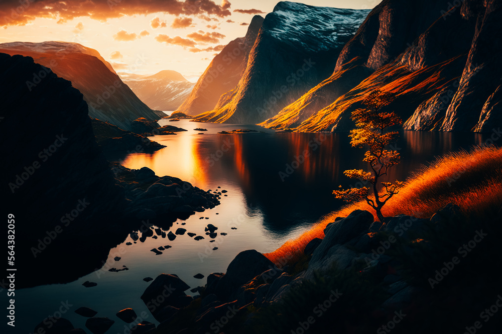 An expansive and breathtaking view of a Nordic fjord, captured during the golden hour