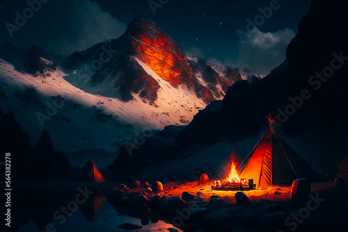 A beautiful and secluded campsite in the mountains, with a small fire providing warmth and light