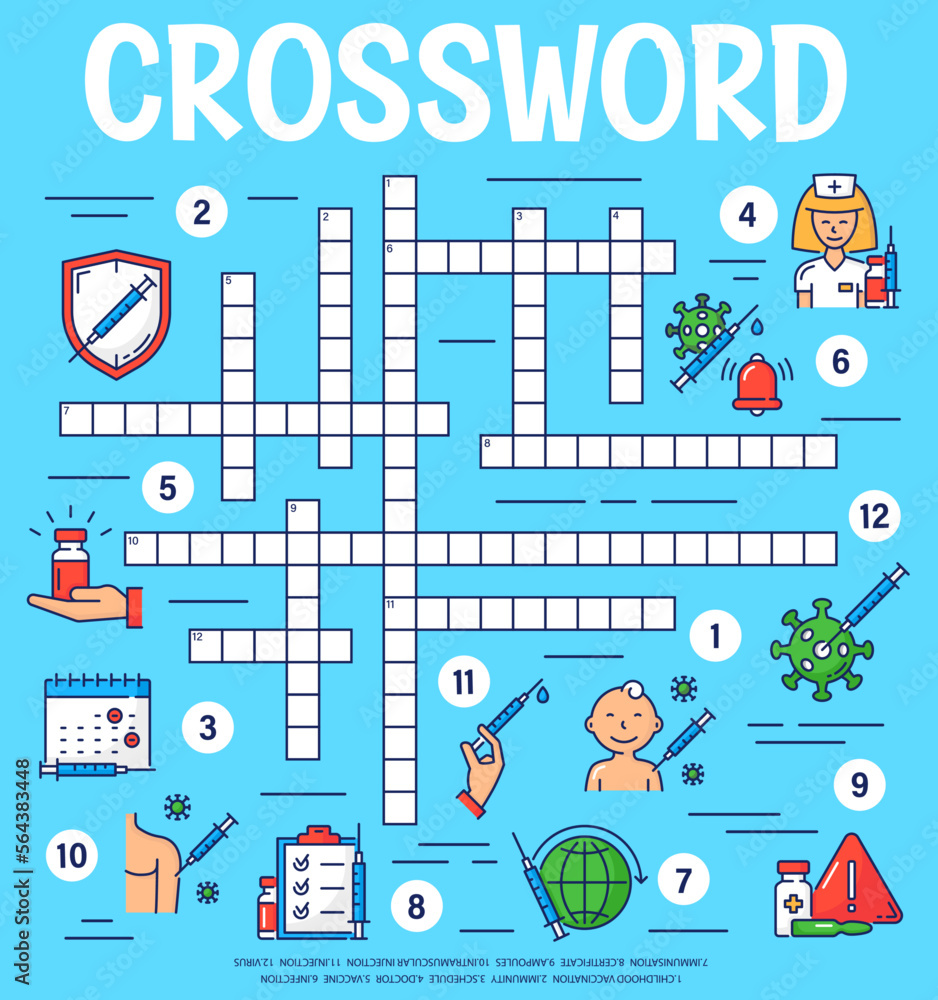 Virus vaccine and vaccination. Crossword grid worksheet. Find a word quiz, vocabulary game, crossword puzzle or riddle vector page with vaccination calendar, vaccine syringe and nurse, virus cells
