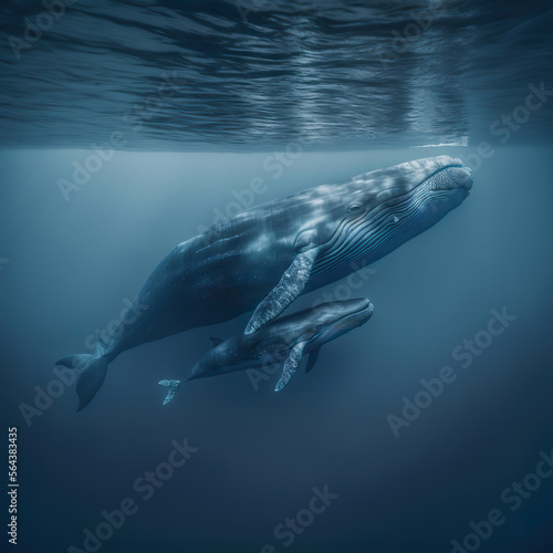 generative ai blue whale with its baby