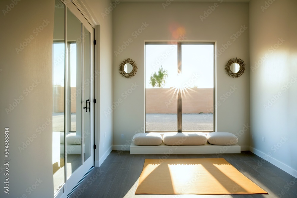 A small, clean room with a dark wooden floor, an orange carpet, white walls, and a large window letting in sunlight, generative ai A small, clean room with a dark wooden floor, an orange carpet, white walls, and a large window letting in sunlight, generative ai