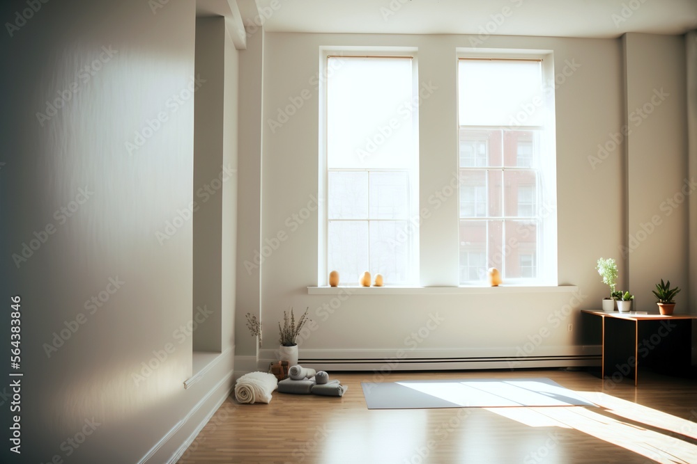 A small clean room with a wooden floor, white walls, and large windows allowing natural light in, with yoga mats scattered on the floor, generative ai A small clean room with a wooden floor, white walls, and large windows allowing natural light in, with yoga mats scattered on the floor, generative ai