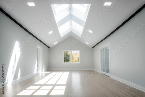 An empty  large attic room with white walls and skylights in the roof  letting in natural light  generative ai