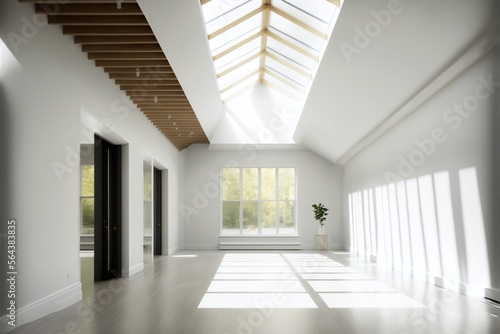 A spacious and empty attic room with white walls and large skylights, generative ai