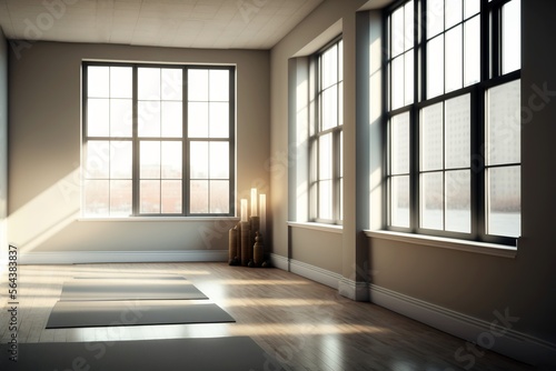 A clean  empty room with a wooden floor  yoga mats on the floor  and huge windows letting in natural light  with candles placed in the corner  generative ai