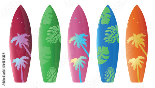 Summer surfboard vector set design. Surf boards in colorful pattern decoration isolated in white background for summer activity designs collection. Vector illustration photo