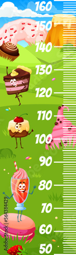 Kids height ruler cartoon desserts, pastry and cake characters, growth meter. Vector funny scale for baby height measurement with candy, chocolate pie, cupcake or macaroon or cocktail cute personages