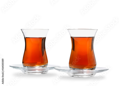 Glass cups of Turkish tea on white background © Pixel-Shot
