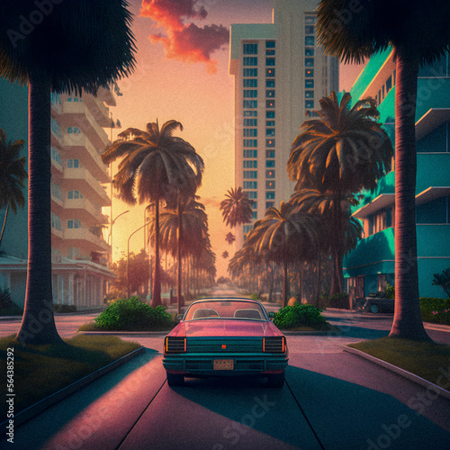 Fotografiet Car and Palm in 80s style, retro background, granular texture illustration Gener