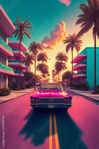 Car and Palm in 80s style, retro background, granular texture illustration Generative AI