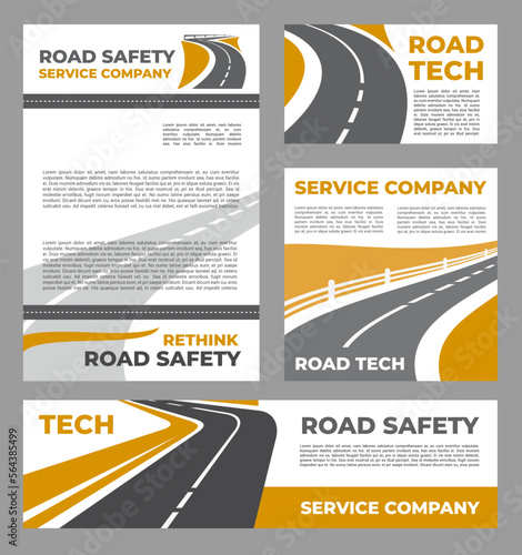 Safety roads service industry posters. Speed highway safety leaflets or information flyers, motorway asphalt service company vector banners with road lines