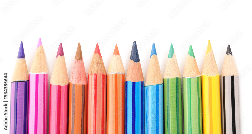 Set of colorful pencils on white background, top view Set of colorful pencils on white background, top view