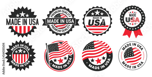 Red black color collection of Made in USA badges, emblems, and stickers set with the American flag isolated on white background.
