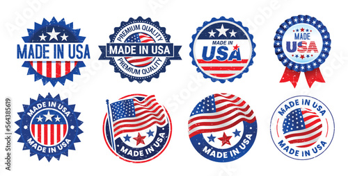 Modern grunge collection of Made in USA badge, emblem, sticker set with American flag isolated on white background.
