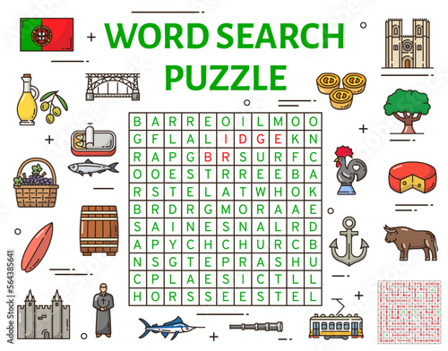 Portugal symbols word search puzzle game worksheet, vector riddle. Search word puzzle to search and find words in grid, Portuguese landmarks, flag with rooster and tram, cheese and sardines