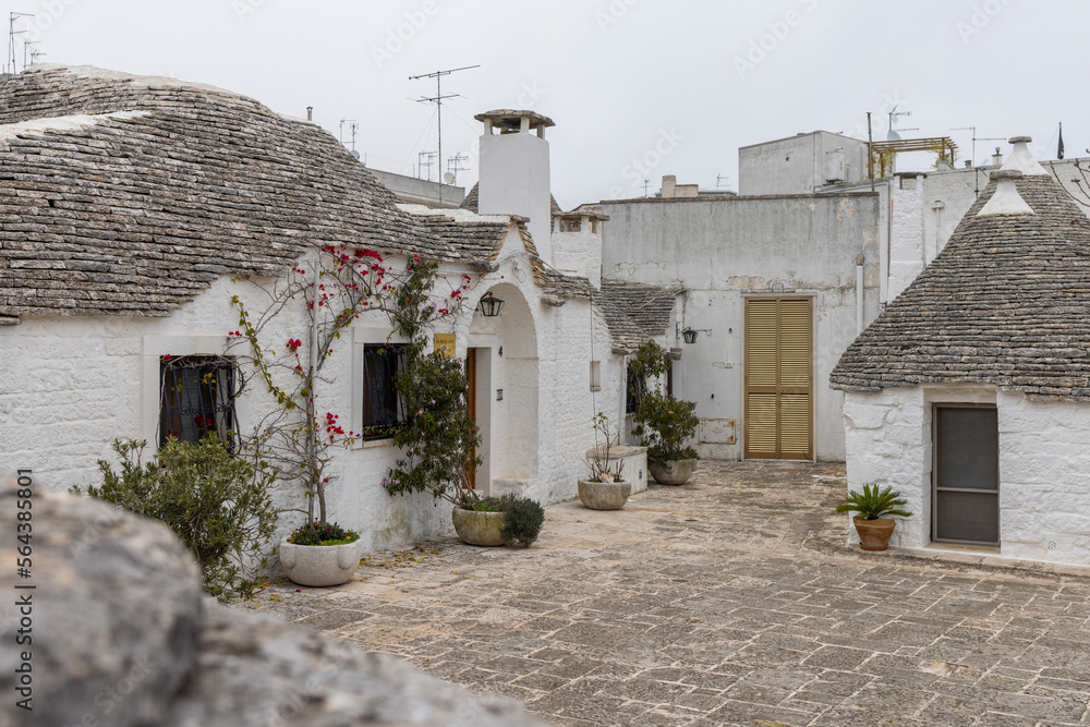 View of Trulli houses in Alberobello in winter, Italy