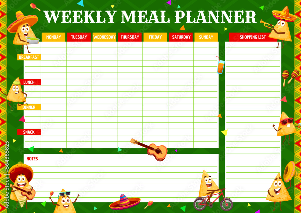 Weekly meal planner with mexican nachos characters. Diet meal weekly schedule organizer, food shopping list or planner with cheerful mexican nachos chips playing on music instruments, riding bike