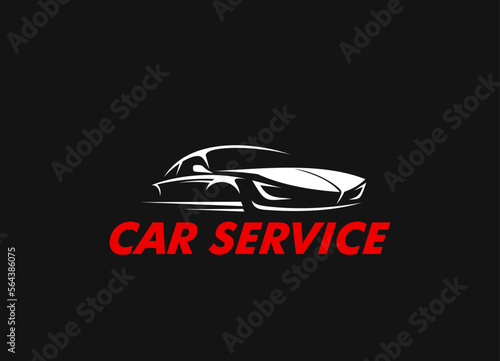 Car service, automobile repair garage station icon. Vehicle maintenance service center, car mechanic workshop vector emblem or symbol with modern luxury auto white silhouette and typography