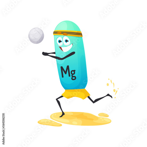 Cartoon magnesium micronutrient character playing to volleyball. Funny vector vitamin or mineral personage summer sports activity with ball on sandy beach. Mg blue bubble character on vacation