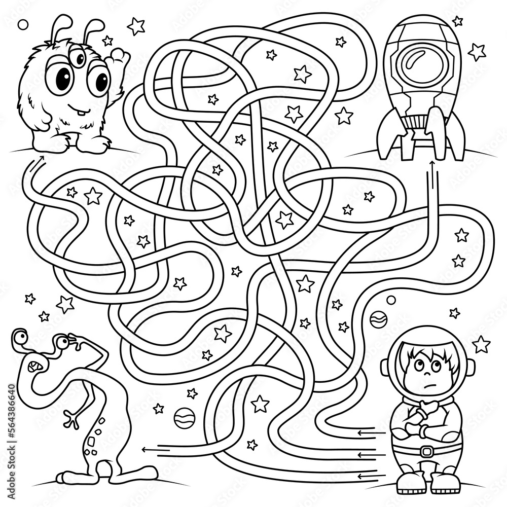 Puzzle for children. Labyrinth. Coloring the contour of the road in space to help the astronaut find the way to the rocket. Coloring book for children.