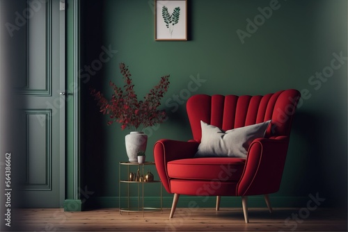 Sylish and modern cozy interior with red armchair and green wall (AI generated)