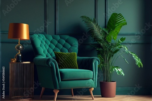 Sylish and modern cozy interior with green armchair and green wall (AI generated)