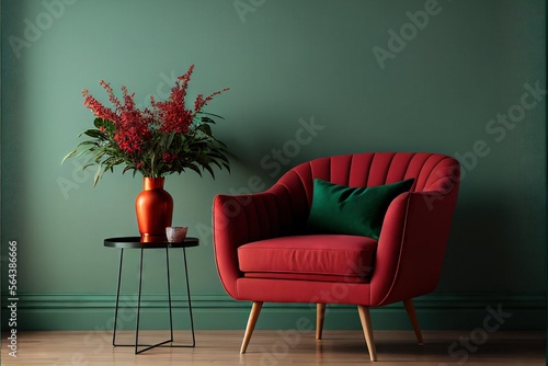 Sylish and modern cozy interior with red armchair and green wall (AI generated)