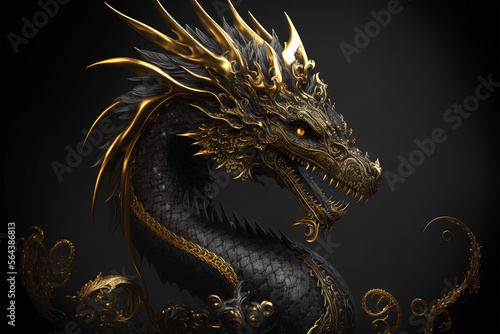 Fototapeta Black gold dragon. AI generation