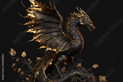Fotografia Black gold dragon. AI generation