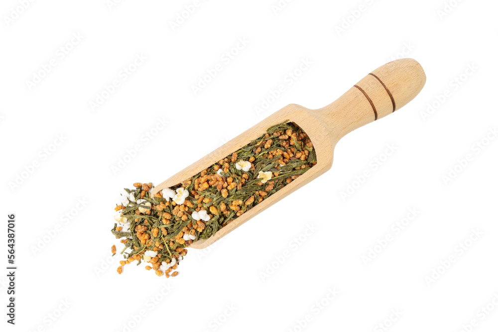 Green tea Japanese Genmaicha. Green tea mixed with roasted popped brown rice in wooden scoop isolated on white background. Green tea Japanese Genmaicha. Green tea mixed with roasted popped brown rice in wooden scoop isolated on white background.