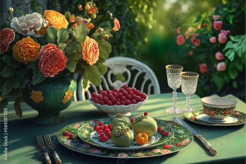 The table is set in the garden with fruits and flowers, France. AI