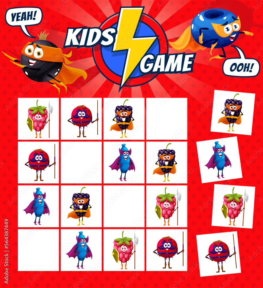 Sudoku kids game cartoon superhero berry characters. Vector brain teaser worksheet riddle with raspberry, cranberry, blackberry and honeyberry on chequered board. Educational task for children