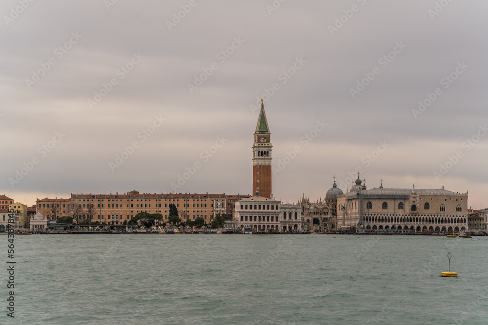View of Doge's Palace and bell tower from the lagoon in Venice, Italy