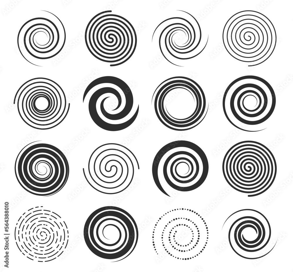 Spiral swirl icons, circle shape lines and twirl symbols, vector circular round motion and hypnotic elements. Spiral swirls in abstract geometric pattern, radial speed lines in twists and whirls Spiral swirl icons, circle shape lines and twirl symbols, vector circular round motion and hypnotic elements. Spiral swirls in abstract geometric pattern, radial speed lines in twists and whirls