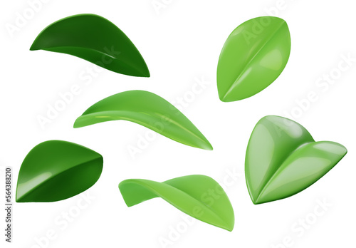 Green leaves set of different projections. 3d vector realistic. Ecology, bio and natural products concept