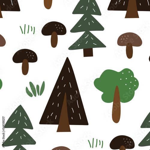 Doodle forest Christmas trees seamless pattern for kids textile texture and wrapping.