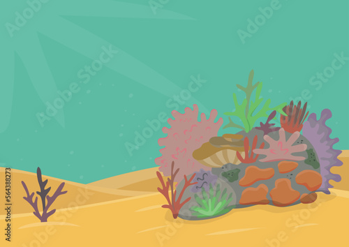 Colorful cartoon coral reef landscape. Underwater nature blue sea background. Vector seascape illustration. Ocean wildlife.