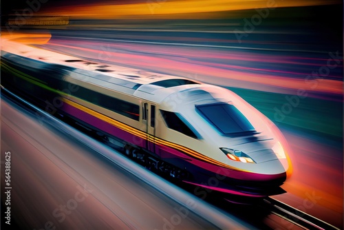 High speed train of the future with motion blur and glowing light effects. Future transportation concept. Digitally generated AI image