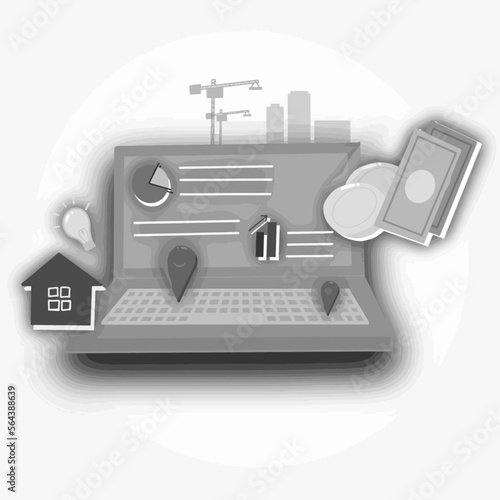 real estate development, property business on computer black and white vector