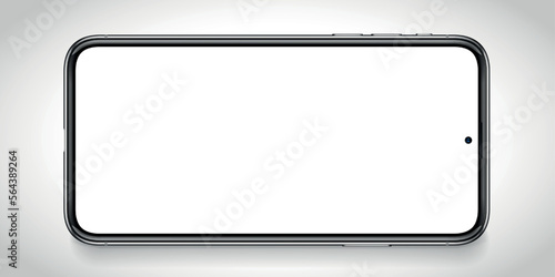 Smartphone frame blank screen. Horizontal 3d cell phone vector illustration. Template with white copyspace for infographics, presentation or UI design